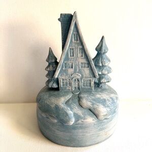 Vtg Blue Glitter Chalet House Music Box Ceramic Winter Scene Plays Silent Night